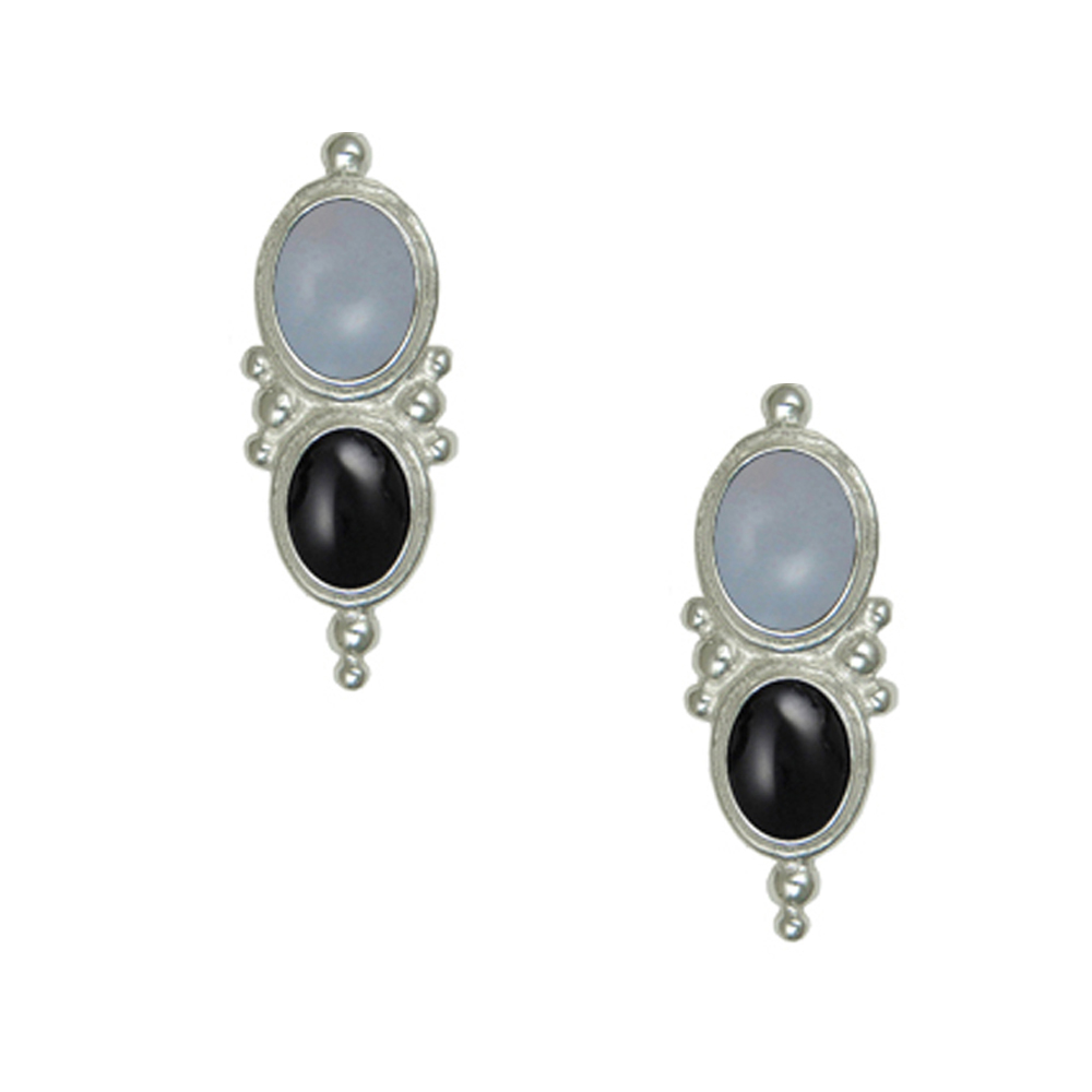 Sterling Silver Drop Dangle Earrings With Chalcedony And Black Onyx